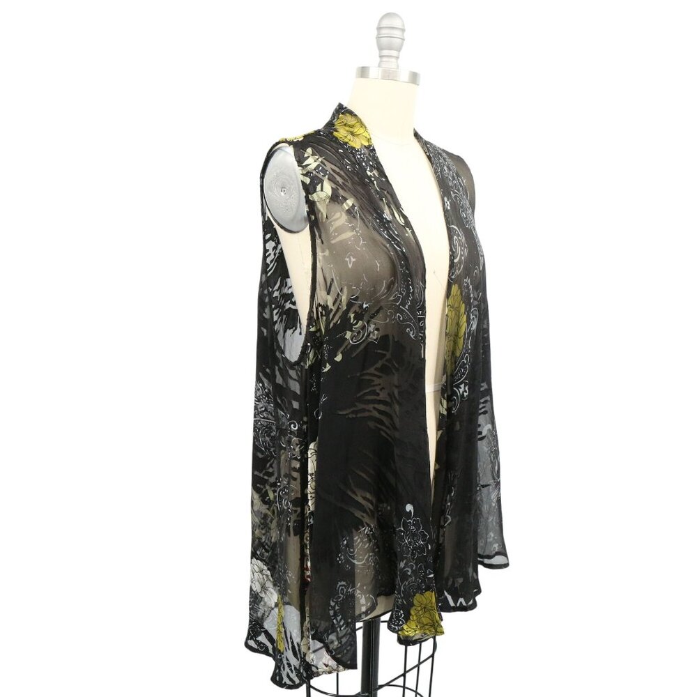 Citron Santa Monica Open Front Hi/Lo Floral Burnout Black Sleeveless Vest Top 2X